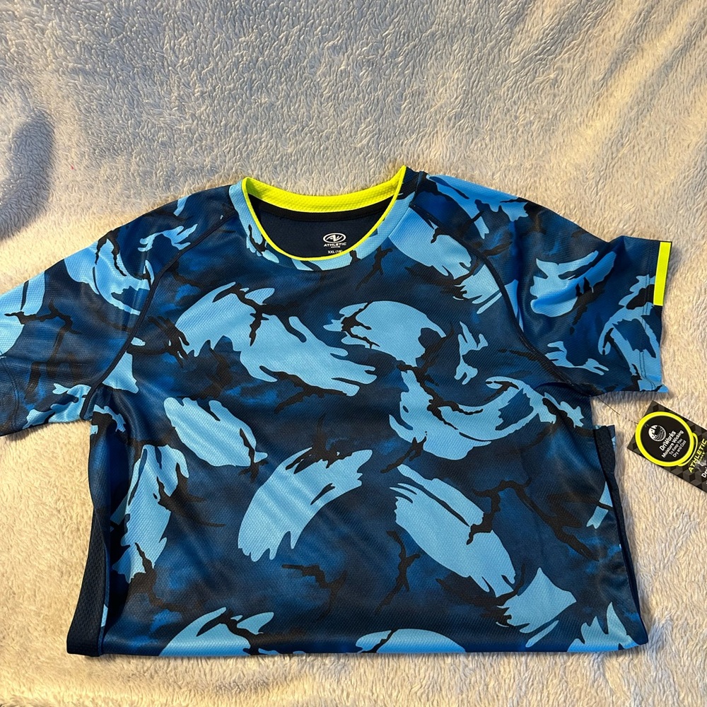 Athletic Works Blue and Black Camouflage Shirt with Neon Accents